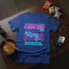 Royal blue t-shirt featuring neon pink and blue text that reads "THAT MOMENT WHEN YOU FINISH A K-DRAMA SERIES SERIES
