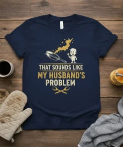 T-shirt with "That Sounds Like My Husband's Problem" quote, featuring a cartoon man and a frying pan graphic