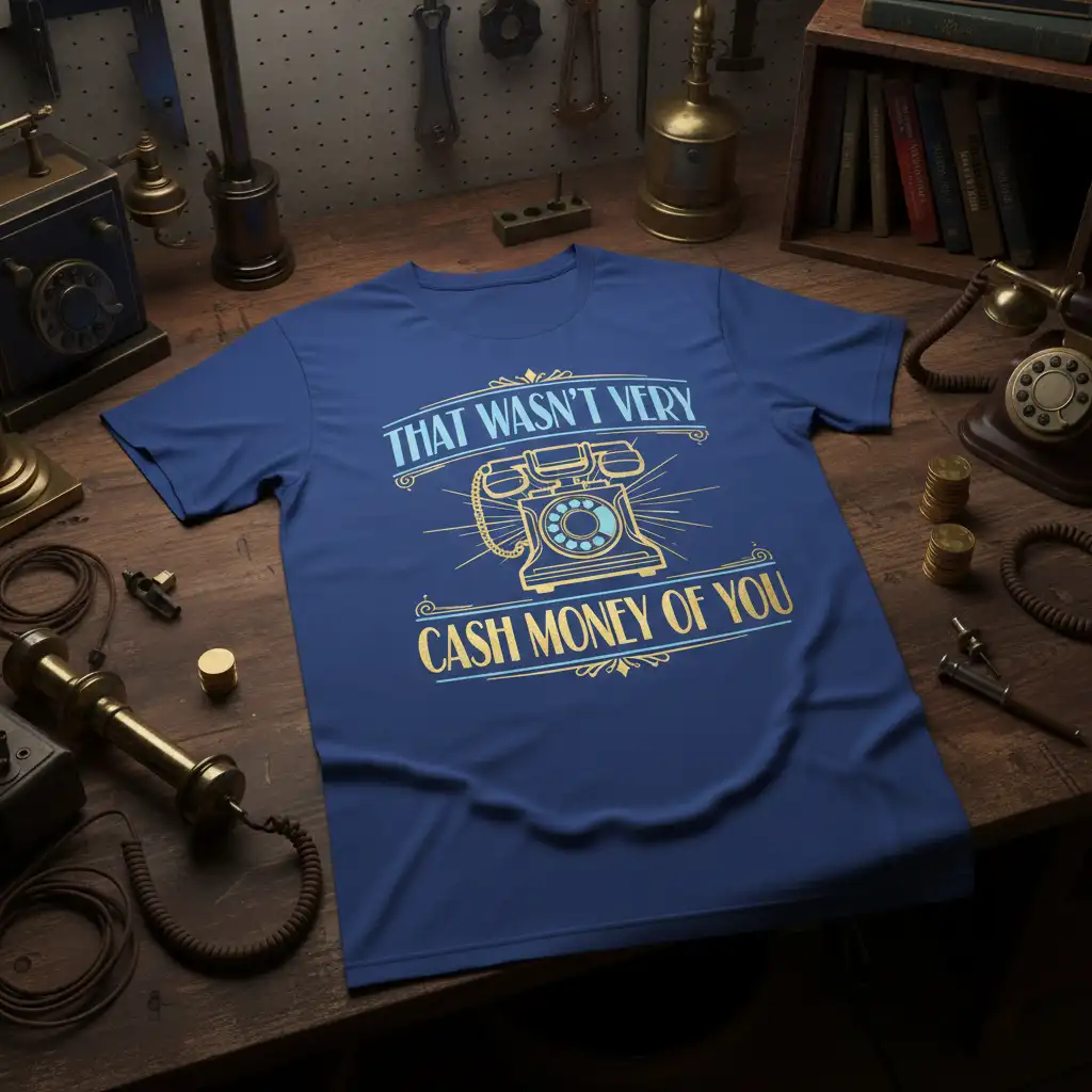 That Wasn't Very Cash Money Of You quote with vintage rotary phone graphic on dark blue t-shirt