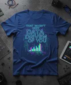 T-shirt with "THAT WASN'T VERY DATA DRIVEN OF YOU" text and a colorful bar graph design in neon blue and