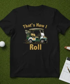 That's How I Roll text with a golf cart graphic and clubs on a black t-shirt