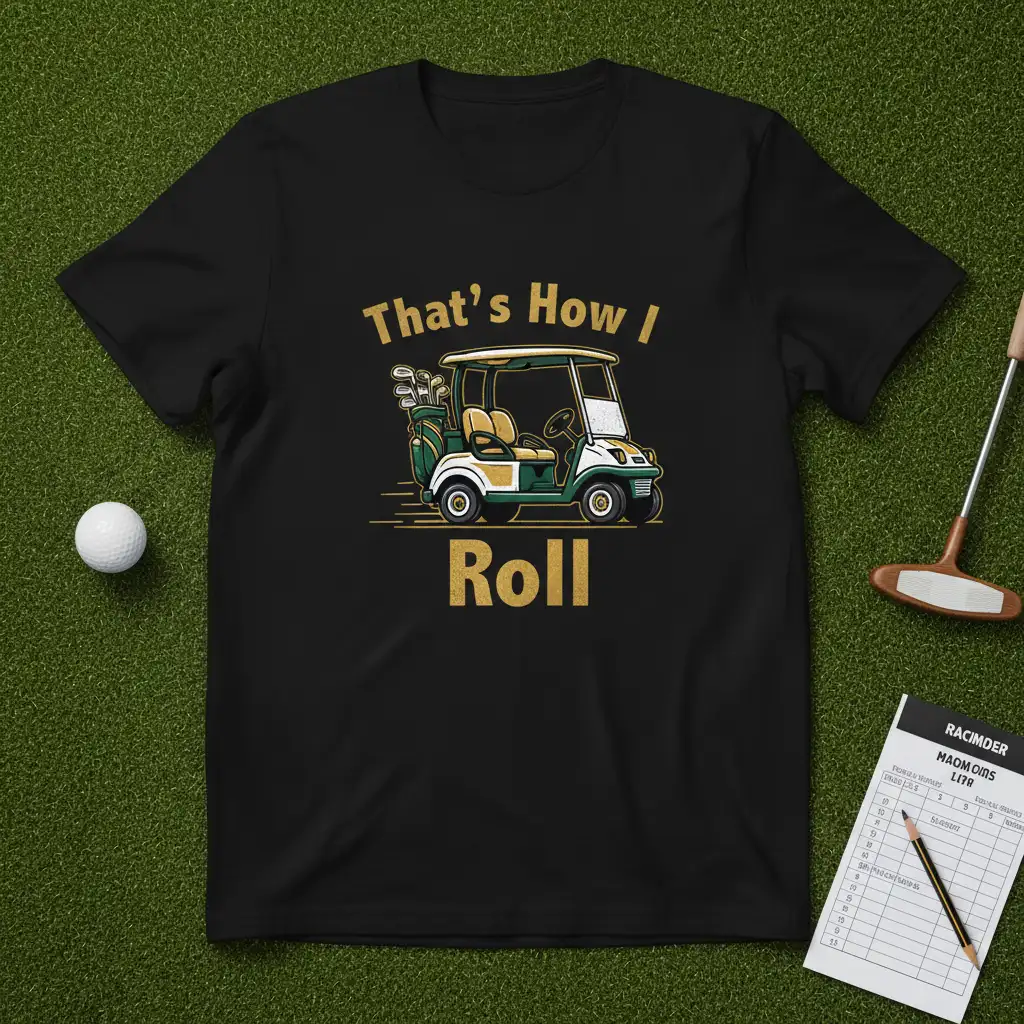 That's How I Roll slogan with a detailed golf cart illustration on a black t-shirt