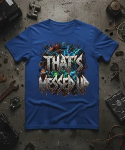 Graphic t-shirt with the bold, metallic text "THAT'S MESSED UP" surrounded by gears, wires, and electric blue energy