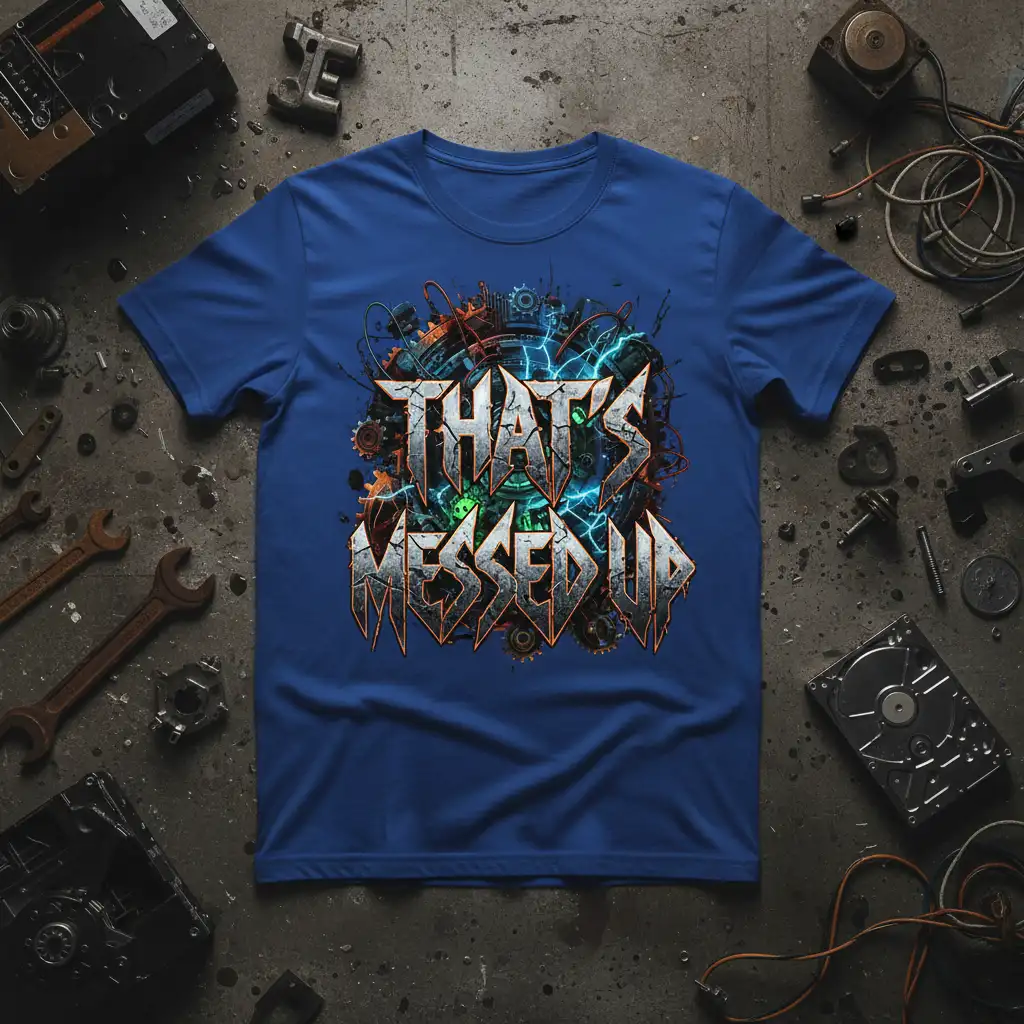 THAT'S MESSED UP text design with industrial gears, wires, and electric blue lightning effect