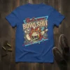 That's some BOWLSHIT text on a blue t-shirt with a flaming skull and bowling pins graphic
