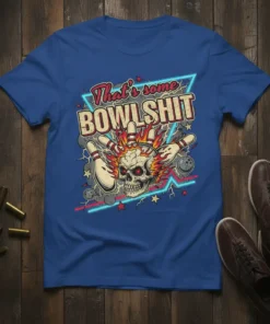 That's some BOWLSHIT text on a blue t-shirt with a flaming skull and bowling pins graphic