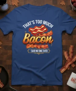 THAT'S TOO MUCH Bacon - SAID NO ONE EVER quote on a blue t-shirt with graphic bacon strips