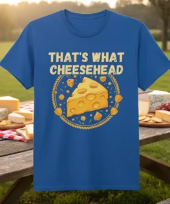 Blue t-shirt with "That's What Cheesehead" text and a cartoon slice of Swiss cheese graphic