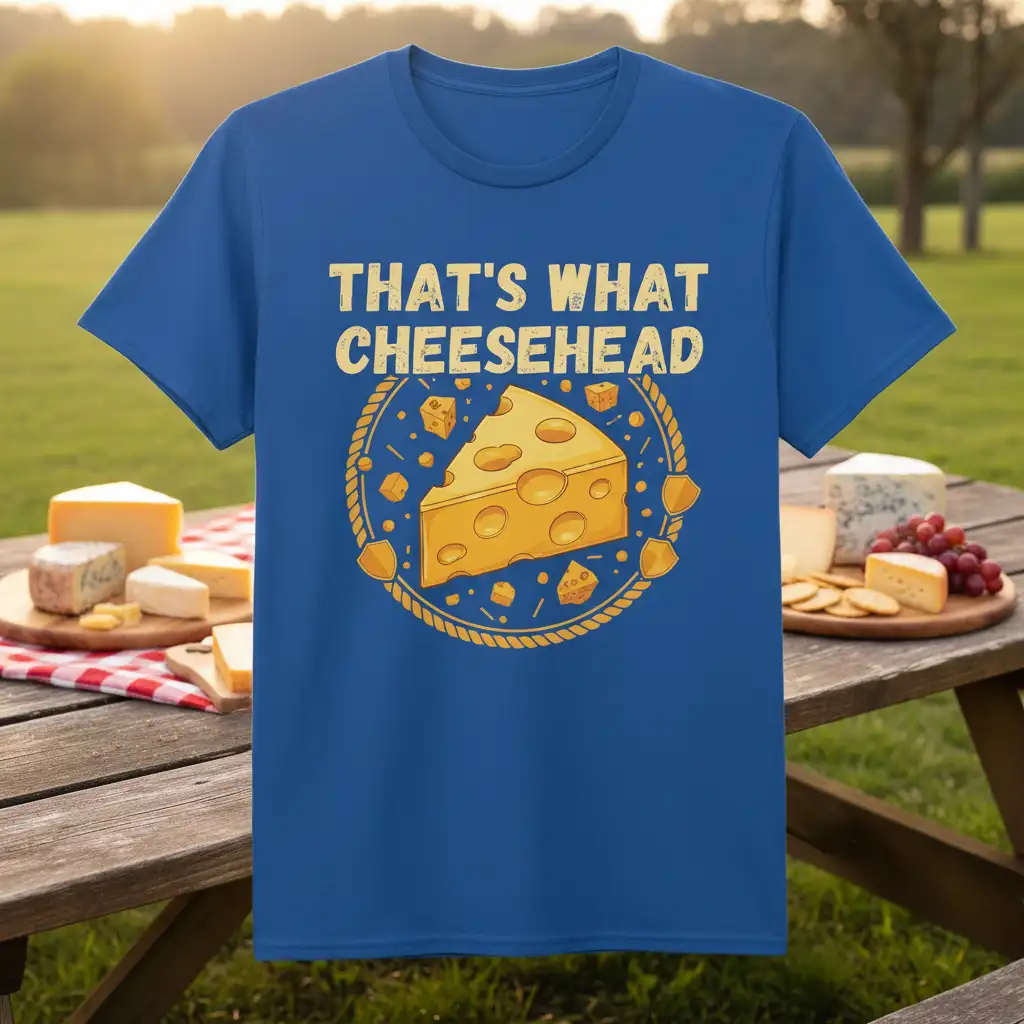 That's What Cheesehead phrase with Swiss cheese graphic on blue t-shirt