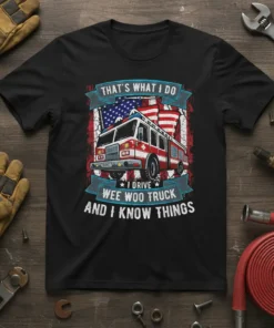 Firefighter quote "That's What I Do I Drive Wee Woo Truck And I Know Things" with American flag and fire