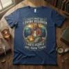 T-shirt design with text "That's What I Do I Drink Bourbon I Hate People And I Know Things" featuring a