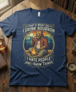 T-shirt design with text "That's What I Do I Drink Bourbon I Hate People And I Know Things" featuring a