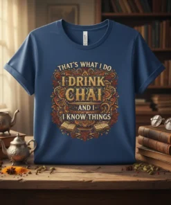 Text design "That's What I Do I Drink Chai And I Know Things" in ornate gold and orange font on