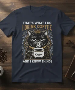 That's What I Do I Drink Coffee And I Know Things T-Shirt with a grumpy black cat holding a coffee