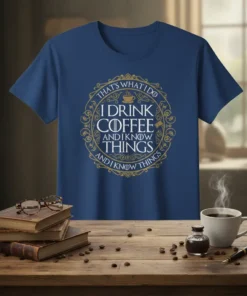 Dark blue t-shirt with "That's What I Do I Drink Coffee And I Know Things And I Know Things" quote