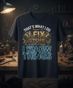 That's What I Do I Fix Stuff And I Know Things quote on a dark t-shirt with piston and wrench