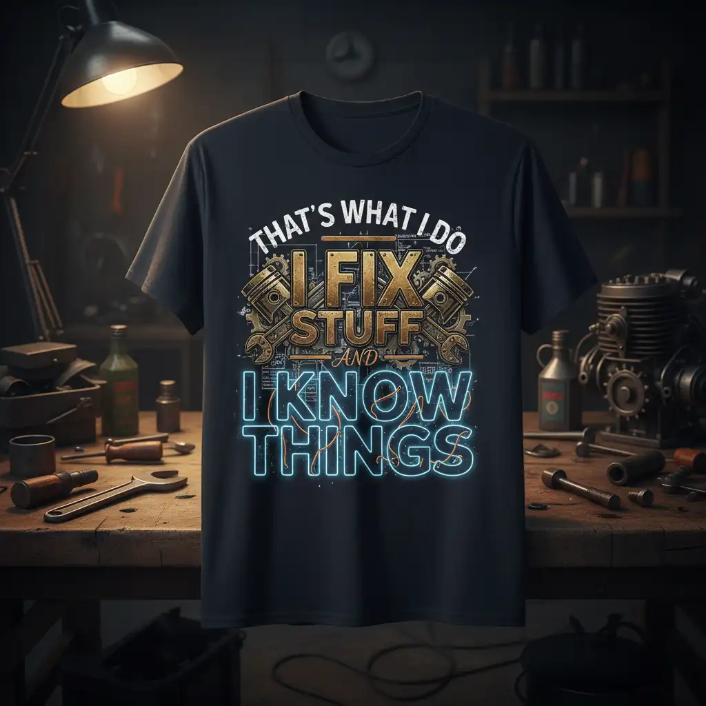 That's What I Do I Fix Stuff And I Know Things quote design with pistons and tools on a dark t-shirt