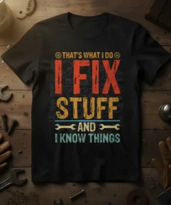 Black t-shirt with "That's What I Do I Fix Stuff And I Know Things" quote in distressed red, yellow, and