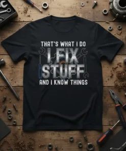 Black t-shirt with white text: THAT'S WHAT I DO I FIX STUFF AND I KNOW THINGS, featuring wrench and screwdriver