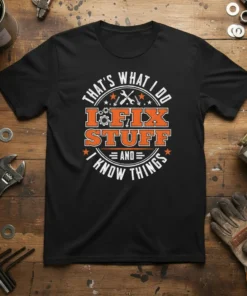Black t-shirt with orange and white text that says "THAT'S WHAT I DO I FIX STUFF AND I KNOW THINGS"