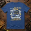 Blue t-shirt with yellow text "THAT'S WHAT I DO I FIX STUFF AND I KNOW THINGS" and graphic of tools