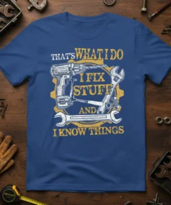 Blue t-shirt with yellow text "THAT'S WHAT I DO I FIX STUFF AND I KNOW THINGS" and graphic of tools