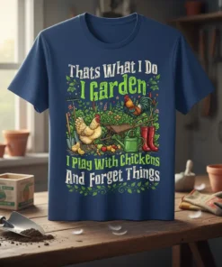 Thats What I Do I Garden I Play With Chickens And Forget Things quote on a navy blue t-shirt, featuring