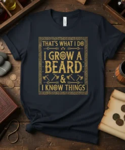 T-shirt with gold text "THAT'S WHAT I DO I GROW A BEARD & I KNOW THINGS" in a decorative border