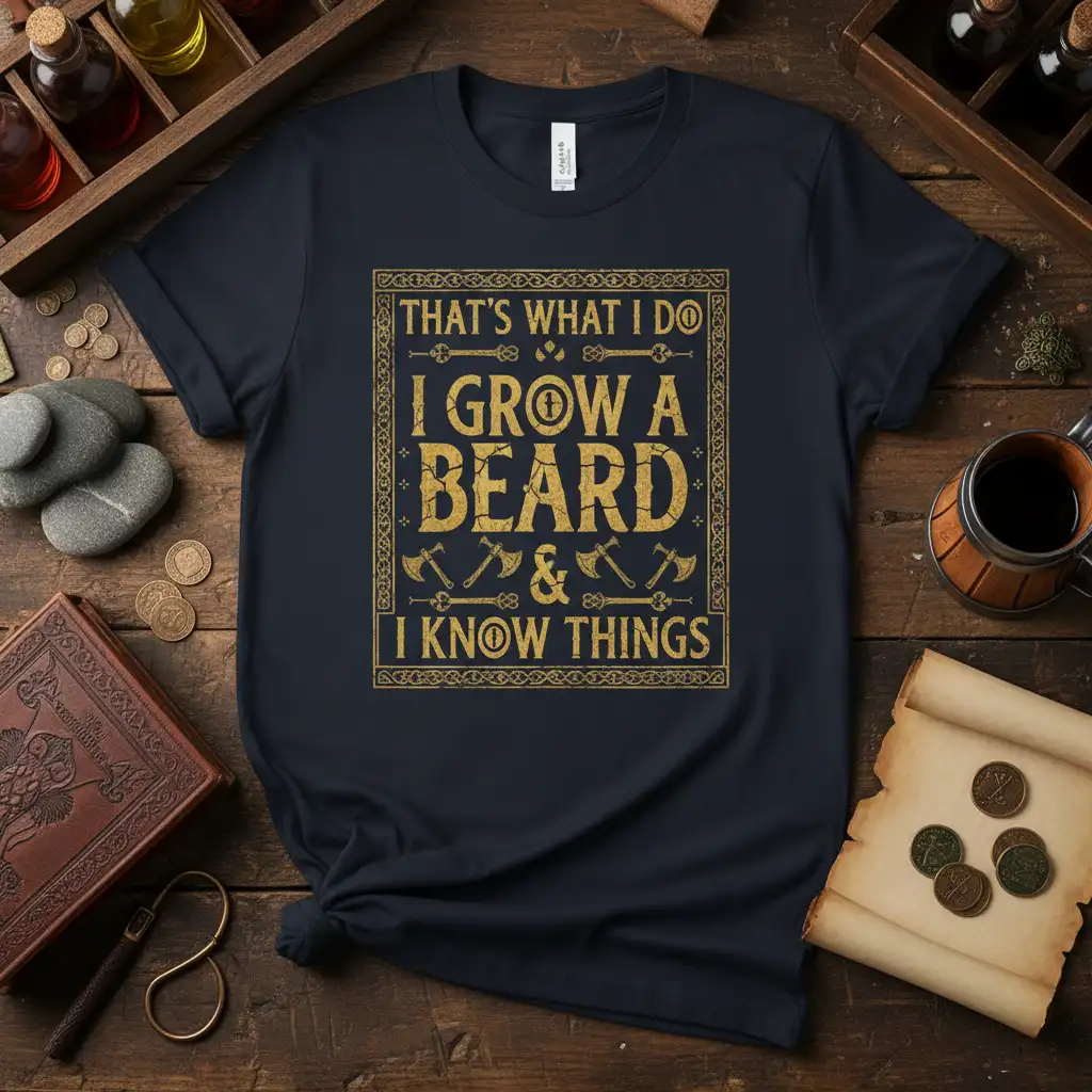 That's What I Do I Grow A Beard & I Know Things quote t-shirt design with axes and keys graphic