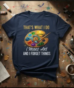 Navy blue t-shirt with "THAT'S WHAT I DO i Make Art AND I FORGET THINGS" text and an art palette
