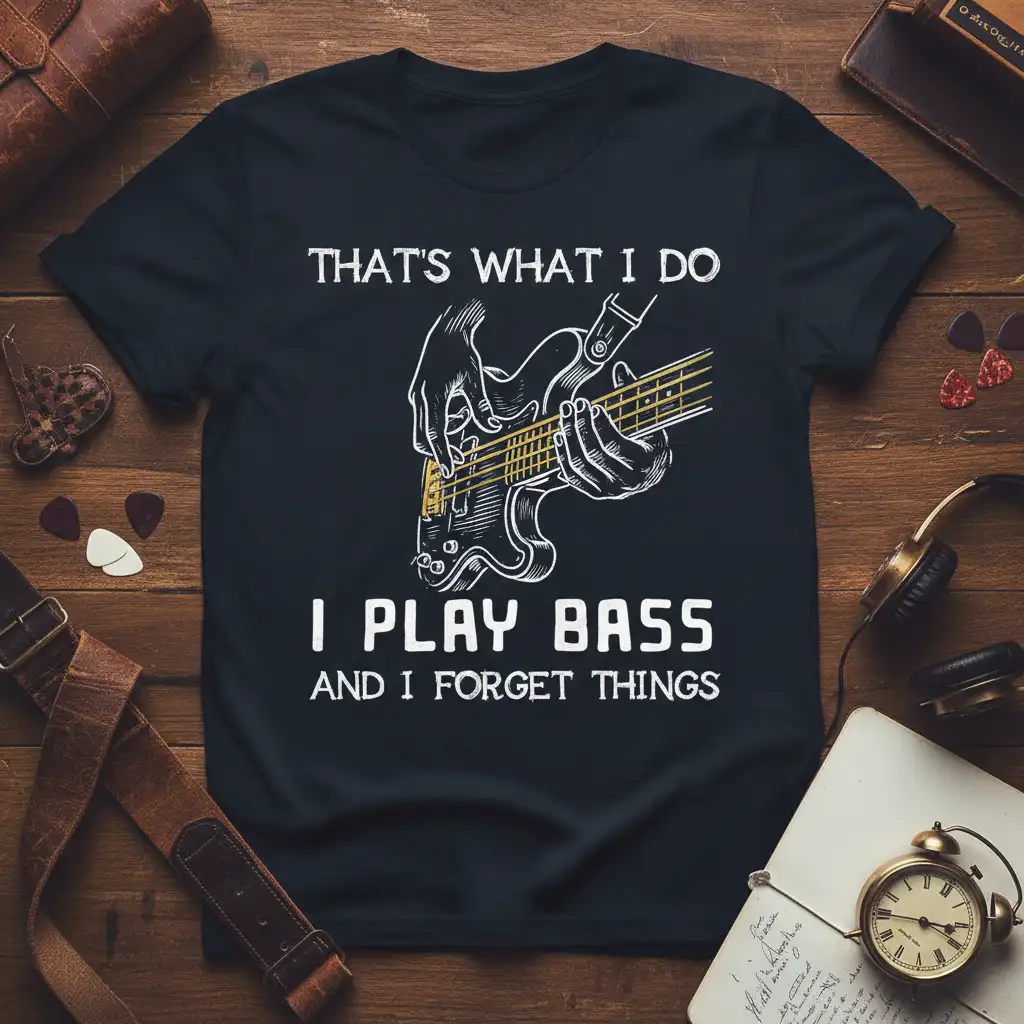Humorous bass guitar quote THAT'S WHAT I DO I PLAY BASS AND I FORGET THINGS with musical graphic on a t-shirt