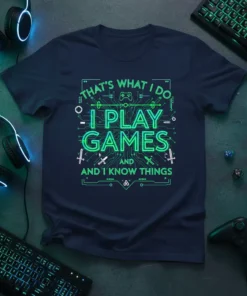 T-shirt with the quote "THAT'S WHAT I DO. I PLAY GAMES AND I KNOW THINGS" in neon green circuit board