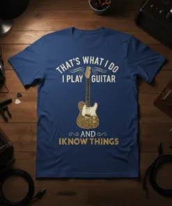 T-shirt with "That's What I Do I Play Guitar And I Know Things" text and a decorative guitar graphic