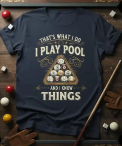 That's What I Do I Play Pool And I Know Things text with billiard balls triangle graphic on a navy