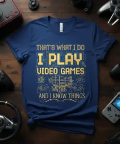 T-shirt with yellow text "THAT'S WHAT I DO I PLAY VIDEO GAMES AND I KNOW THINGS" featuring pixelated graphics and
