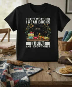 Black t-shirt with "That's What I Do I Read Books I Quilt And I Know Things" text featuring a black