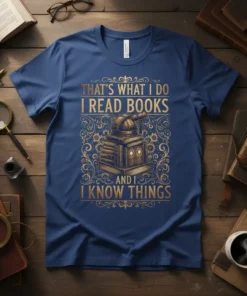 T-shirt with gold text "That's What I Do I Read Books And I Know Things" featuring an observatory graphic