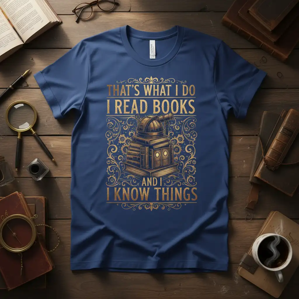 That's What I Do I Read Books And I Know Things quote t-shirt with vintage observatory graphic