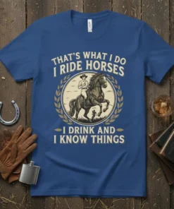T-shirt with "That's What I Do I Ride Horses I Drink And I Know Things" quote and horse riding graphic