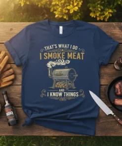 Navy blue t-shirt with "That's What I Do I Smoke Meat And I Know Things" text and a graphic of