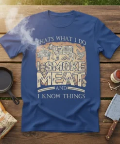 T-shirt with "That's What I Do I Smoke Meat And I Know Things" text and barbecue graphics