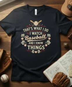 THAT'S WHAT I DO I WATCH Baseball AND I KNOW THINGS quote on a black t-shirt with baseball graphic elements
