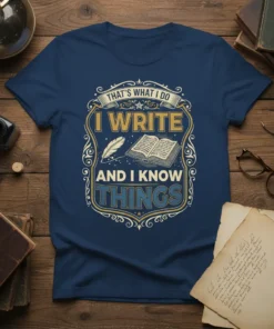 T-shirt with "That's What I Do I Write And I Know Things" quote, featuring an open book and quill graphic