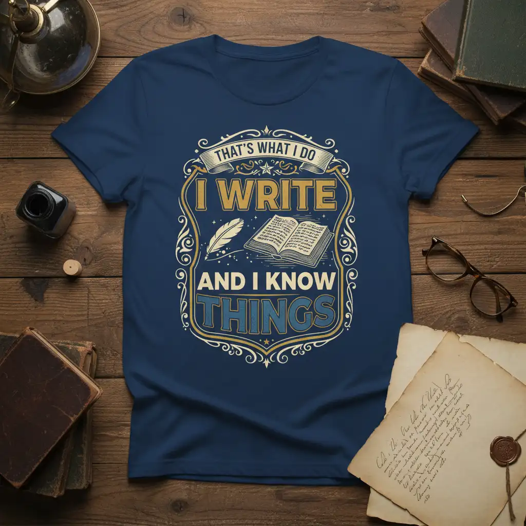 That's What I Do I Write And I Know Things quote t-shirt with open book and quill design
