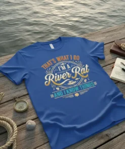 Blue t-shirt with "THAT'S WHAT I DO I'M A River Rat AND I KNOW THINGS" text and fishing-themed graphics