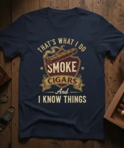 That's What I Do Smoke Cigars And I Know Things text with a cigar graphic on a navy t-shirt