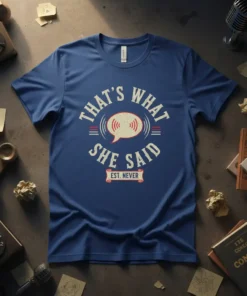 Blue t-shirt with "That's What She Said Est. Never" in distressed vintage font and a speech bubble graphic
