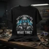 T-shirt with "THAT'S A HORRIBLE IDEA WHAT TIME?" text and a biker gorilla graphic with blue lightning
