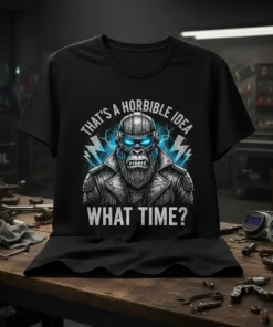 T-shirt with "THAT'S A HORRIBLE IDEA WHAT TIME?" text and a biker gorilla graphic with blue lightning