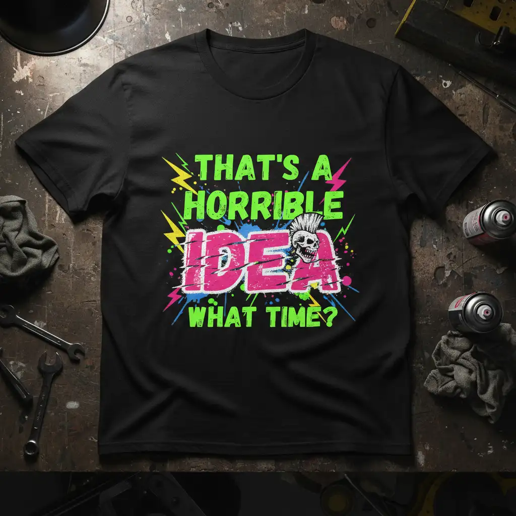 THAT'S A HORRIBLE IDEA WHAT TIME? quote with punk skull graphic on a black t-shirt